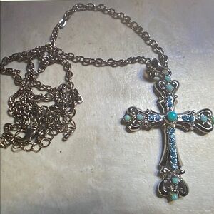 Intricate Silver Cross Necklace with Turquoise Inlay
